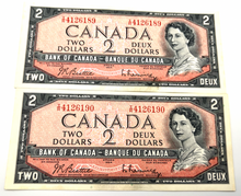 1954 Bank of Canada Two Dollars Consecutive AU Serial-IR 4126189-90