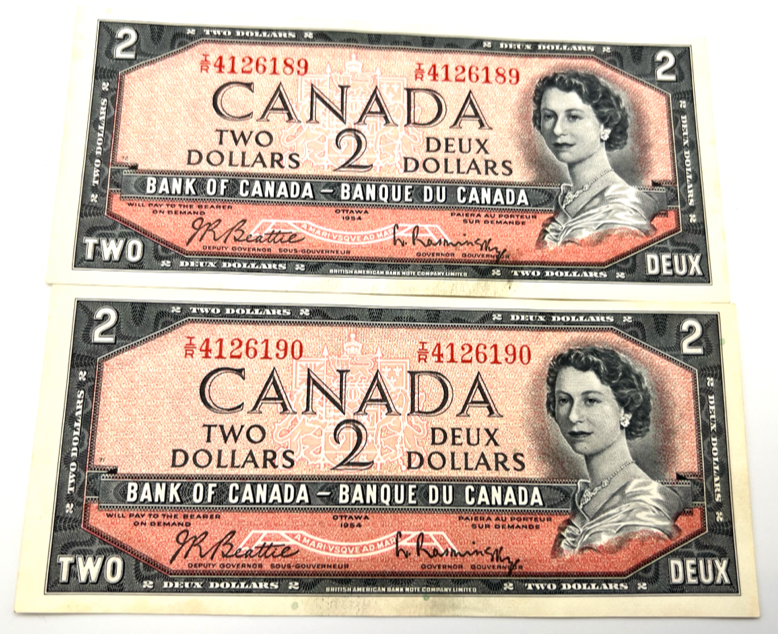 1954 Bank of Canada Two Dollars Consecutive AU Serial-IR 4126189-90