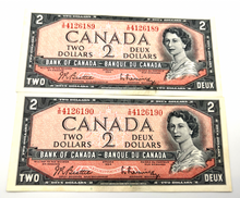 1954 Bank of Canada Two Dollars Consecutive AU Serial-IR 4126189-90