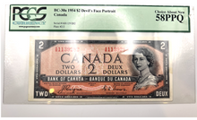 1954 Bank of Canada Two Dollars PCGS Choice 58 Devil's Face Serial-AB 1139282