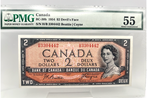 1954 Bank of Canada Two Dollars PMG AU-55 Devil's Face Serial-HB 3304442