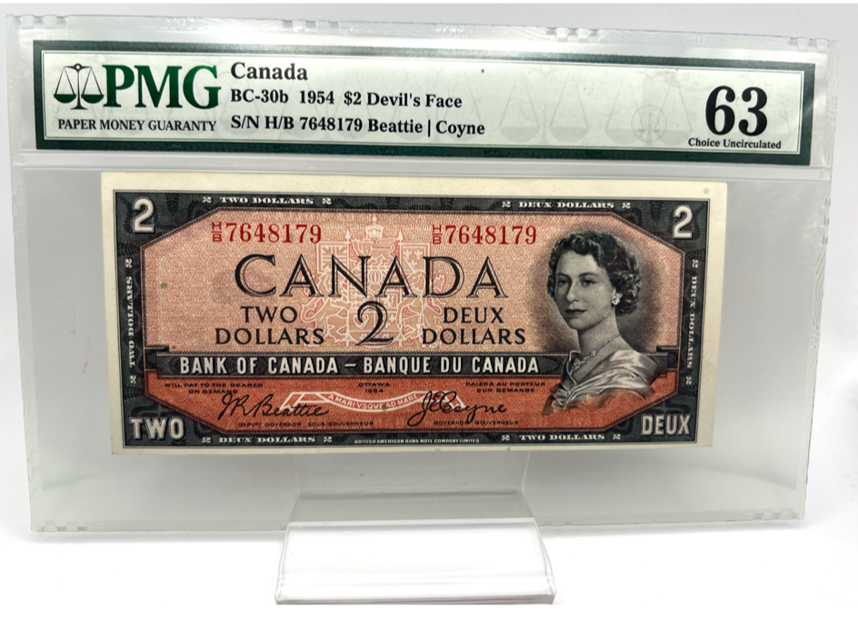 1954 Bank of Canada Two Dollars PMG CHOICE-63  Devil's Face Serial-HB 7648179