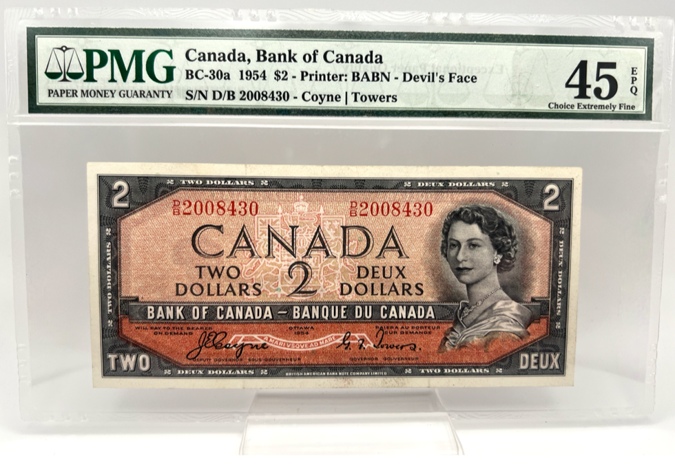 1954 Bank of Canada Two Dollars PMG EF-45 Devil's Face Serial-DB 2008430