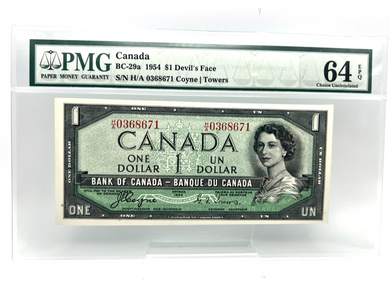 1954 Bank of Canada One Dollars PMG CHOICE-64  Devil's Face Serial-HA 0368671