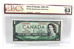 1954 Bank of Canada One Dollars BCS CHOICE-63  Devil's Face Serial-OA 2210462