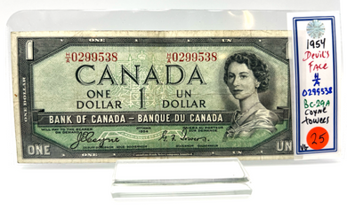 1954 Bank of Canada One Dollars VG  Devil's Face Serial-HA 0299538