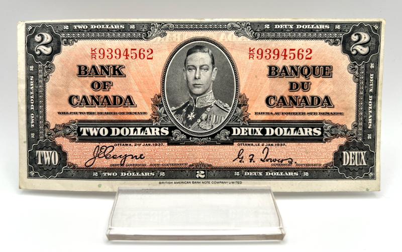 1937 Bank of Canada Two Dollars EF-40 Serial-KR 9394562