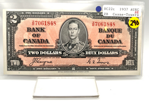 1937 Bank of Canada Two Dollars AU-58 Serial-ZB 7061848