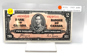 1937 Bank of Canada Two Dollars AU-50 Serial-JR 9248531