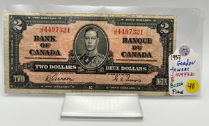 1937 Bank of Canada Two Dollars F-12 Serial-JB 4497321