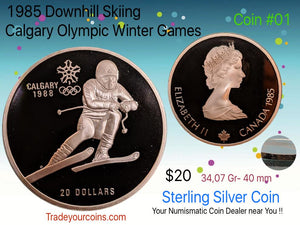 1985 Canada 20 Dollars Calgary olympic winter games-Sterling Coin # 1 Downhill skiing