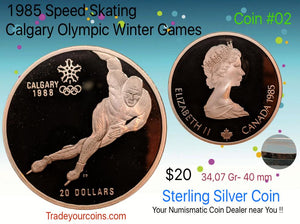 1985 Canada 20 Dollars Calgary olympic winter games-Sterling Coin # 2 Speed Skating