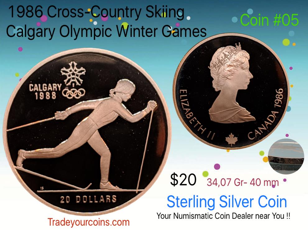 1986 Canada 20 Dollars Calgary olympic winter games-Sterling Coin # 5 Cross-country Skiing
