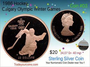 1986 Canada 20 Dollars Calgary olympic winter games-Sterling Coin # 3 Hockey