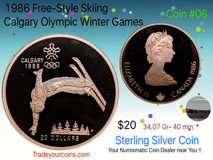 1986 Canada 20 Dollars Calgary olympic winter games-Sterling Coin # 6 Free-Style Skiing