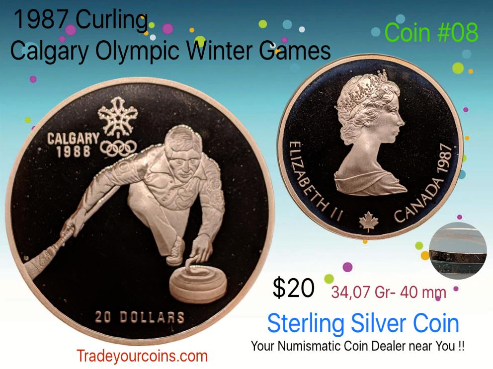 1987 Canada 20 Dollars Calgary olympic winter games-Sterling Coin # 8 Curling