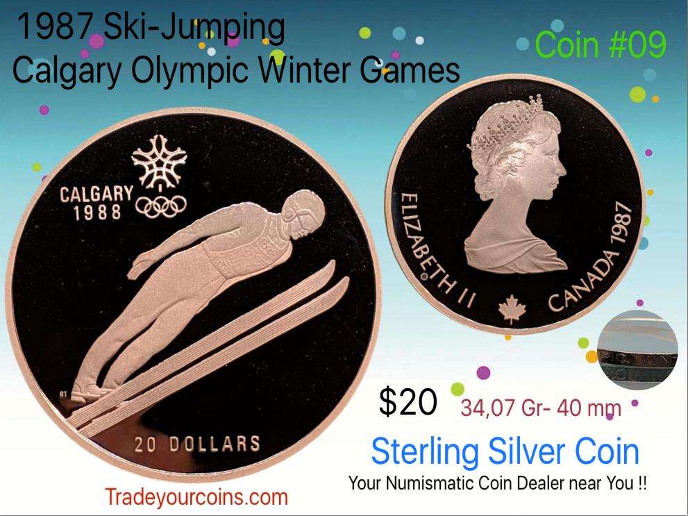 1987 Canada 20 Dollars Calgary olympic winter games-Sterling Coin # 9 Ski Jumping