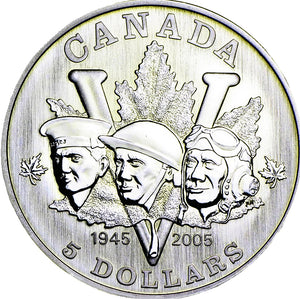2005 Canada Fine Silver Five Dollars Coin-Canadian 60th Anniversary of the end of the second World War