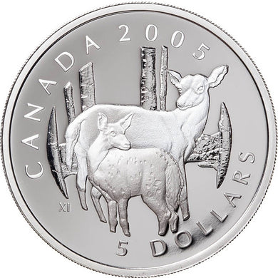 2005 Canada Fine Silver Five Dollars Coin-Canadian Wildlife Series-White-Tailed Deer and Fawn