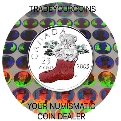 2005 p Canada Nickel Coloured Quarter - 25 Cents Christmas Day series-Christmas Stocking UNC