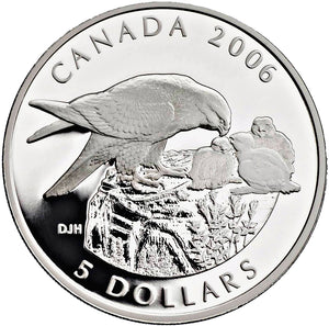 2006 Canada Fine Silver Five Dollars Coin-Canadian Wildlife Series-Peregrine Falcon and Nestlings