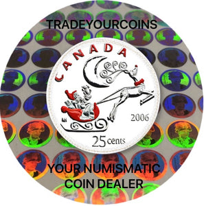 2006 p Canada Nickel Coloured Quarter - 25 Cents Christmas Day series-Santa in Sleigh and Reindeer UNC