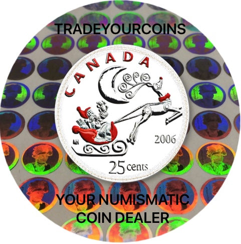 2006 p Canada Nickel Coloured Quarter - 25 Cents Christmas Day series-Santa in Sleigh and Reindeer UNC