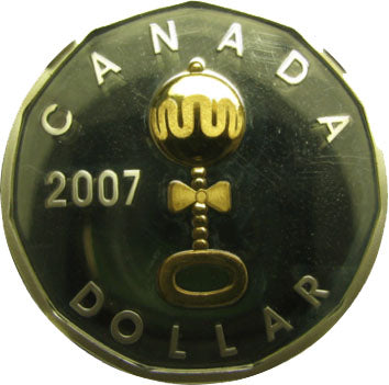 2007 Canada Proof Loonie Dollar Gold Plated Baby Rattle Sterling Silver