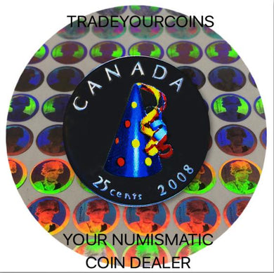2008 Canada Nickel Coloured Quarter - 25 Cents From Birthday Gift Set-Party Hat UNC