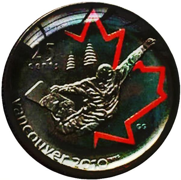 2008 Canada Nickel Plated Steel Quarter - 25 Cents, Sport Card-Painted Leaf-Snowboarding