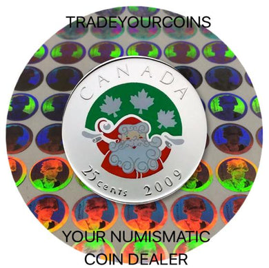 2009 Canada Nickel Coloured Quarter - 25 Cents Christmas Day series-Santa Claus and Maple Leaves UNC