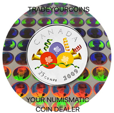 2009 Canada Nickel Coloured Quarter - 25 Cents From Birthday Card-Balloons and Streamers UNC