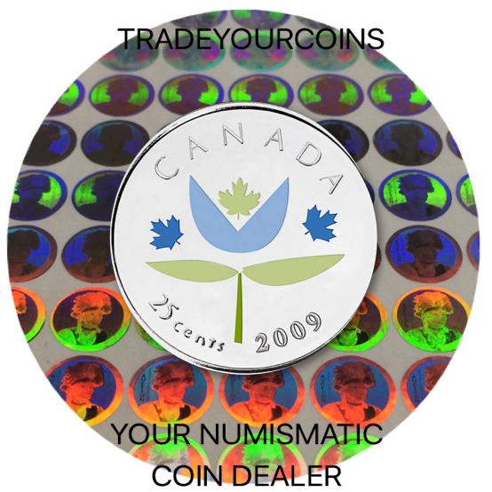 2009 Canada Nickel Coloured Quarter - 25 Cents From Thank You Card-Stylized Flower UNC