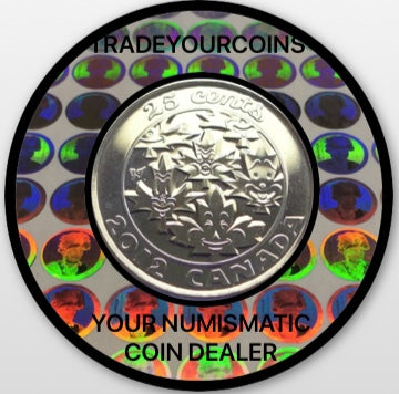 2012 Canada Nickel Coloured Quarter - 25 Cents From Oh Canada Set-Stylized Maple Leaves UNC