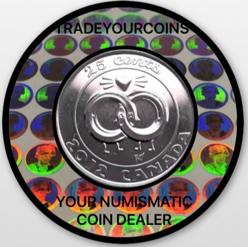 2012 Canada Nickel Coloured Quarter - 25 Cents From Wedding Set-Wedding Rings and Heart UNC