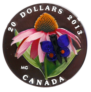 2013 20 Dollars Fine Silver Coin, venetian Glass-Purple Coneflower and Eastern Tailed Blue Butterfly