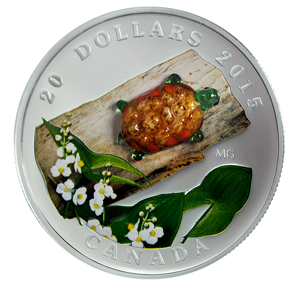 2015 20 Dollars Fine Silver Coin, Venetian Glass-Turtle with Broadleaf Arrowhead Flower