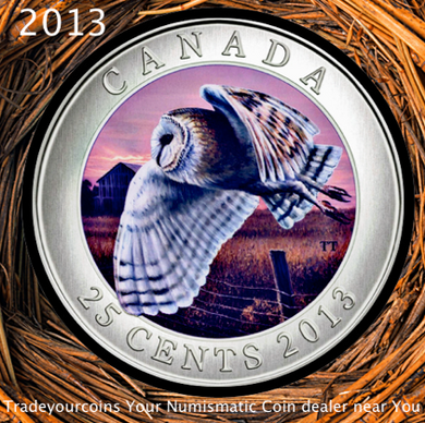 2013 Canada Cupronickel Quarter - 25 Cents -Barn Owl Coloured Coin