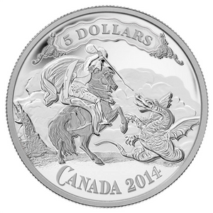 2014 Canada Fine Silver Five Dollars-Saint George Slaying the Dragon Vignette-1859 Bank of Western Canada $5