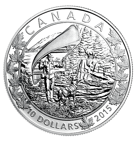 2015 Canada Fine Silver $10 Ten Dollars-Canoe Across Canada-The Wondrous West