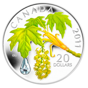 2011 Canada 20 Dollars Fine Silver Coin, Swarovski Crystal Raindrop and Maple Leaf