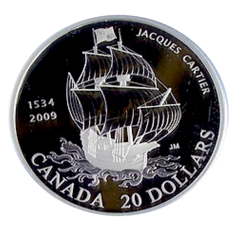 2009 20 Dollars Fine Silver Coin, 475TH Anniversary Jacques cartier's Arrival at Gaspé. 1534-2009