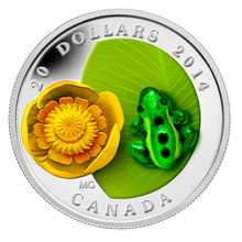 2014 20 Dollars Fine Silver Coin, venetian Glass-Water lily and Leopard Frog