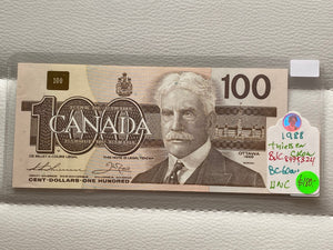1988 canada Banknote 100$ Thiessen-crow Serial: BCJ 8475324
