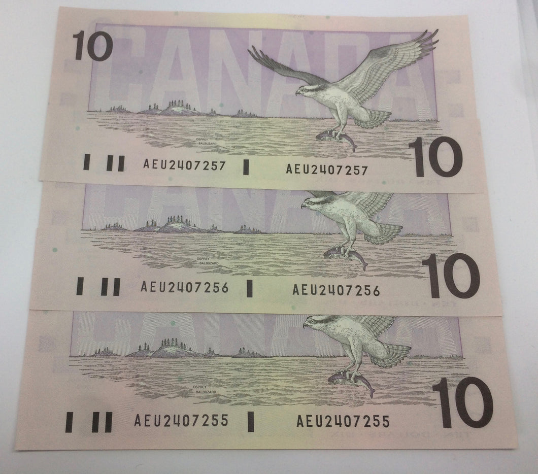 1989 Bank of Canada 10 Dollars MacDonald Banknote Series of 3 Note AEU 2407255 to 2407257
