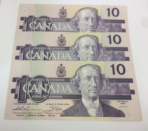 1989 Bank of Canada 10 Dollars MacDonald Banknote Series of 3 Note AEU 2407255 to 2407257