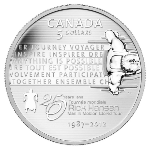 2012 Canada Fine Silver Five Dollars-Rick Hansen Man-In-Motion Tour, 25th Anniversary